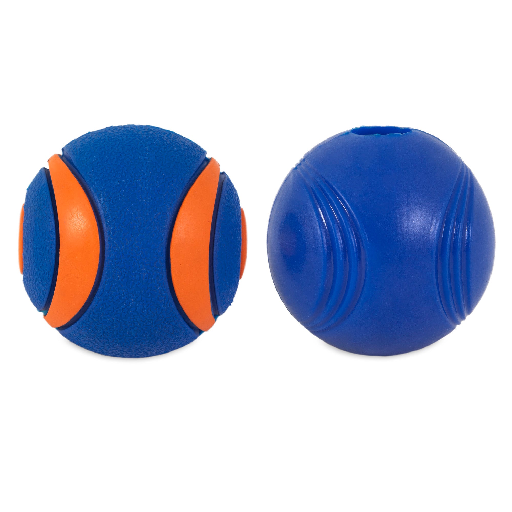 Two blue rubber balls from the Chuckit! Sonic Fetch Pack are perfect for play. The left one is textured with three orange stripes, while the right is smooth with grooves. An essential fetch pack from Chuckit for your furry friend.