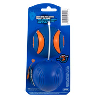 The Chuckit! Sonic Fetch Pack by Chuckit features two blue and orange sound-engaging balls. The packaging showcases one visible ball and an illustration, with text in English and French, designed to fuel dogs curiosity for sounds.