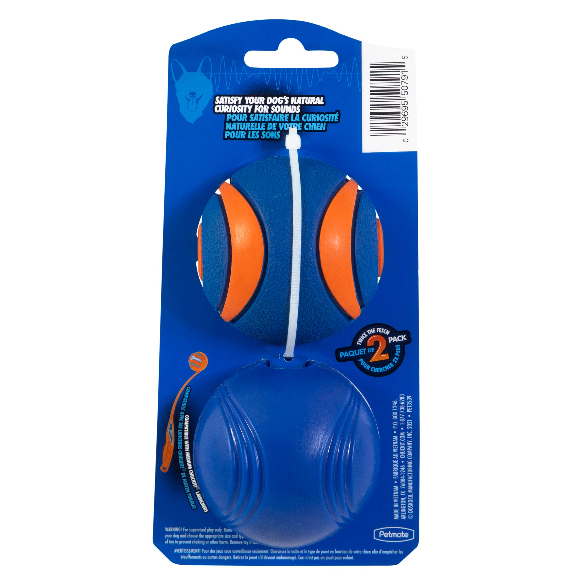 The Chuckit! Sonic Fetch Pack by Chuckit features two blue and orange sound-engaging balls. The packaging showcases one visible ball and an illustration, with text in English and French, designed to fuel dogs curiosity for sounds.