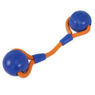 Introducing the Chuckit! Crunch Duo Tug Dog Toy: a blue and orange toy featuring two Chuckit balls connected by an orange rope for added fun.