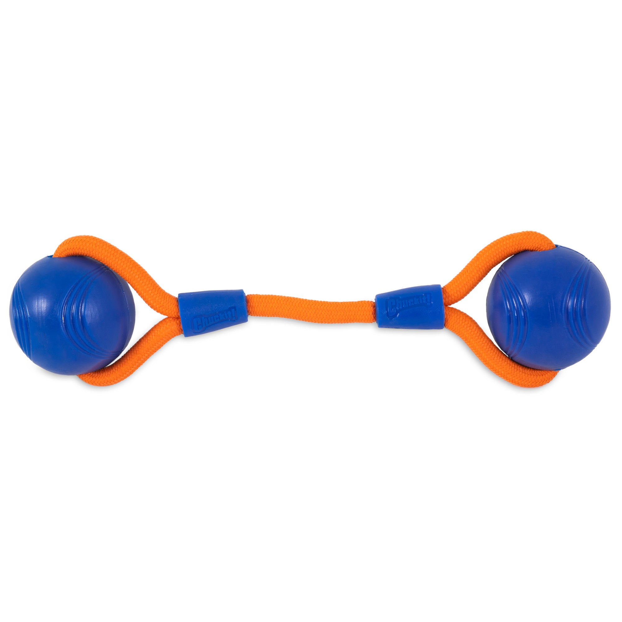 Introducing the Chuckit! Crunch Duo Tug Dog Toy: featuring two blue Chuckit balls connected by a durable orange rope for endless fun.