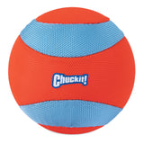 The Chuckit! Amphibious Mega Ball is a textured orange and blue ball with Chuckit! printed on it, ideal for water-loving dogs. Its durable, lightweight materials and alternating bands make it perfect for pet play.
