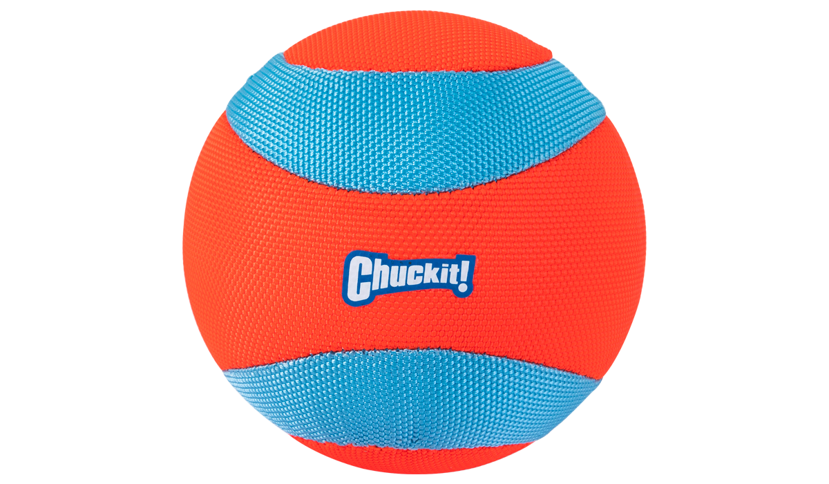 The Chuckit! Amphibious Mega Ball is a vibrant orange with blue textured stripes and a Chuckit! logo, made from durable, lightweight materials. Ideal for water-loving dogs, its designed to float seamlessly for endless aquatic fun.