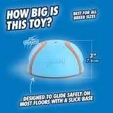 The Chuckit! Indoor Super Slider Dog Toy, crafted for all breed sizes with a playful blue and orange squeak design, measures 3 (7.6 cm). Its slick base ensures it glides safely across floors, making it ideal for active play.
