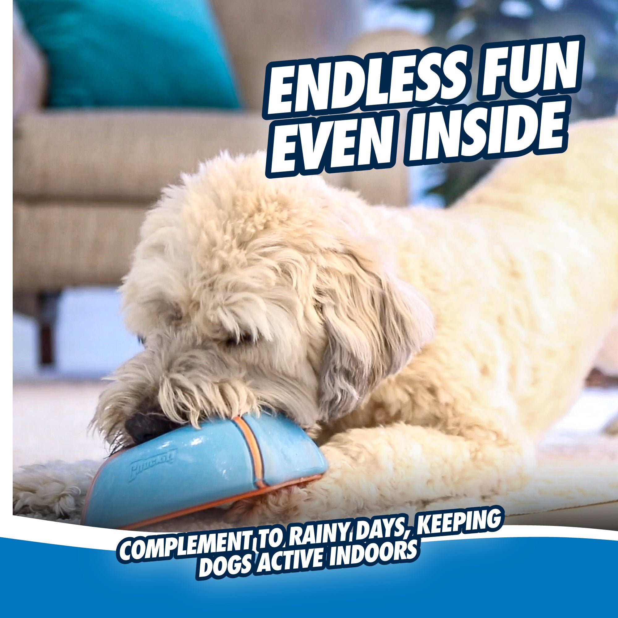 A fluffy dog plays energetically with a Chuckit! Indoor Super Slider Dog Toy on a cream carpet. Text reads, Endless fun even inside and Perfect complement to rainy days, keeping dogs active indoors, with a beige sofa and teal pillow in the background.