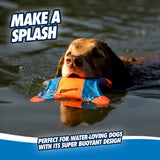 A dog swims in a lake with a Chuckit! Flying Squirrel in its mouth. The text says MAKE A SPLASH, perfect for water-loving dogs due to its super buoyant design made from durable canvas by Chuckit.