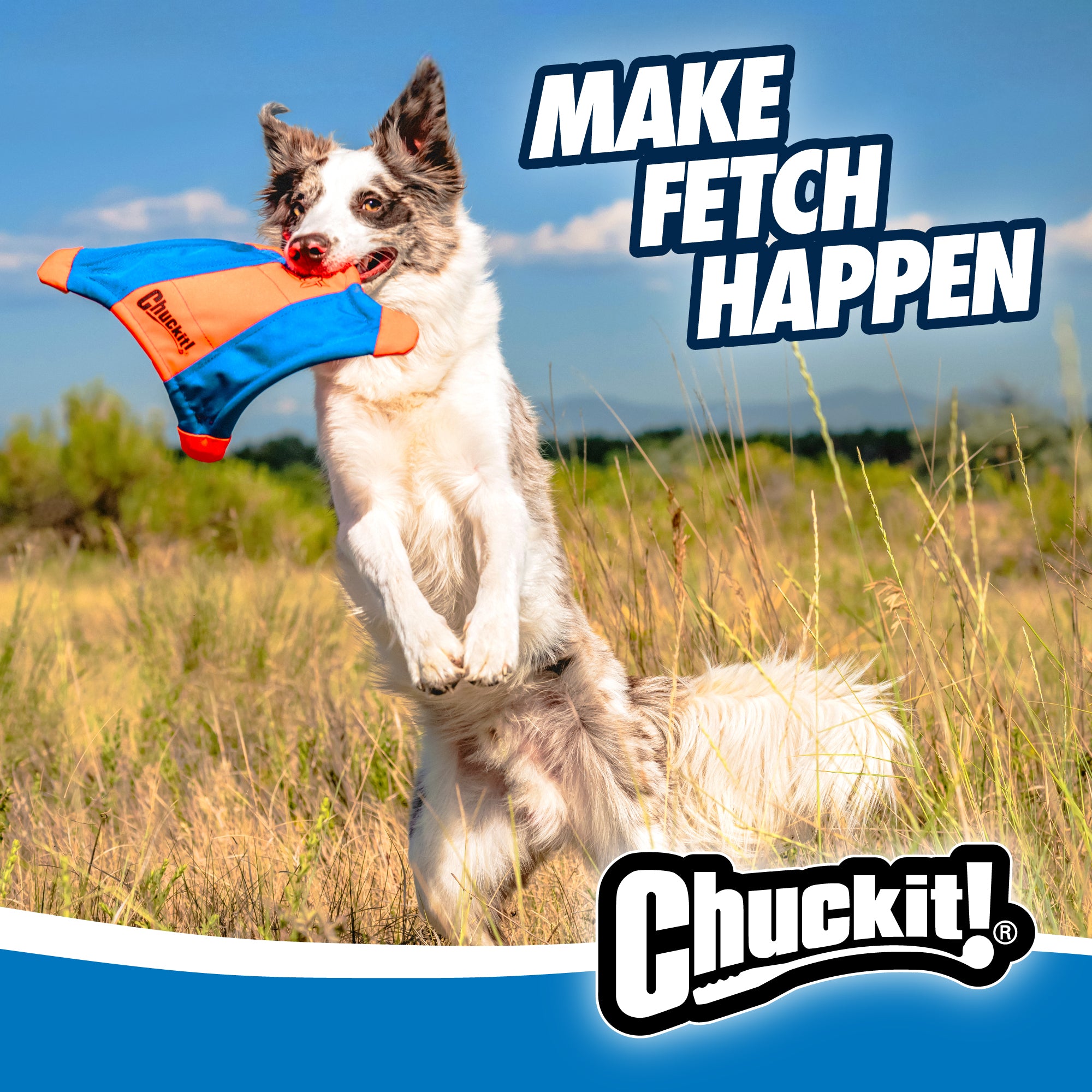 A dog with a Chuckit! Flying Squirrel toy in its mouth leaps joyfully in a grassy field. Make Fetch Happen is written above, while Chuckit and its logo appear at the bottom, conveying excitement and playfulness.