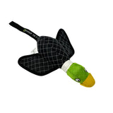Introducing the Hyperpet Flying Duck Launching Dog Toy: a fun dog toy resembling a duck with a green head and yellow beak, featuring black and white grid patterns on the body, fabric wings, and a looped tag for exciting playtime.