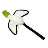 Meet the Hyperpet Flying Duck Launching Dog Toy, a white bird-shaped toy with a green head, yellow beak, and black-edged wings. It has a black tail loop for easy handling or displaying, making it ideal for endless playtime fun!.