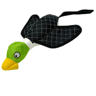 The Hyperpet Flying Duck Launching Dog Toy has a green head, yellow beak, black wings and tail with white grid patterns. This cartoon-like fabric duck slingshot offers endless fun for your dog.
