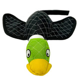 Experience the charm of the Hyperpet Flying Duck Launching Dog Toy. This green and yellow delight has a quilted texture, stitched black wings, wide eyes, and a big orange beak, doubling as a slingshot for endless fetch fun.
