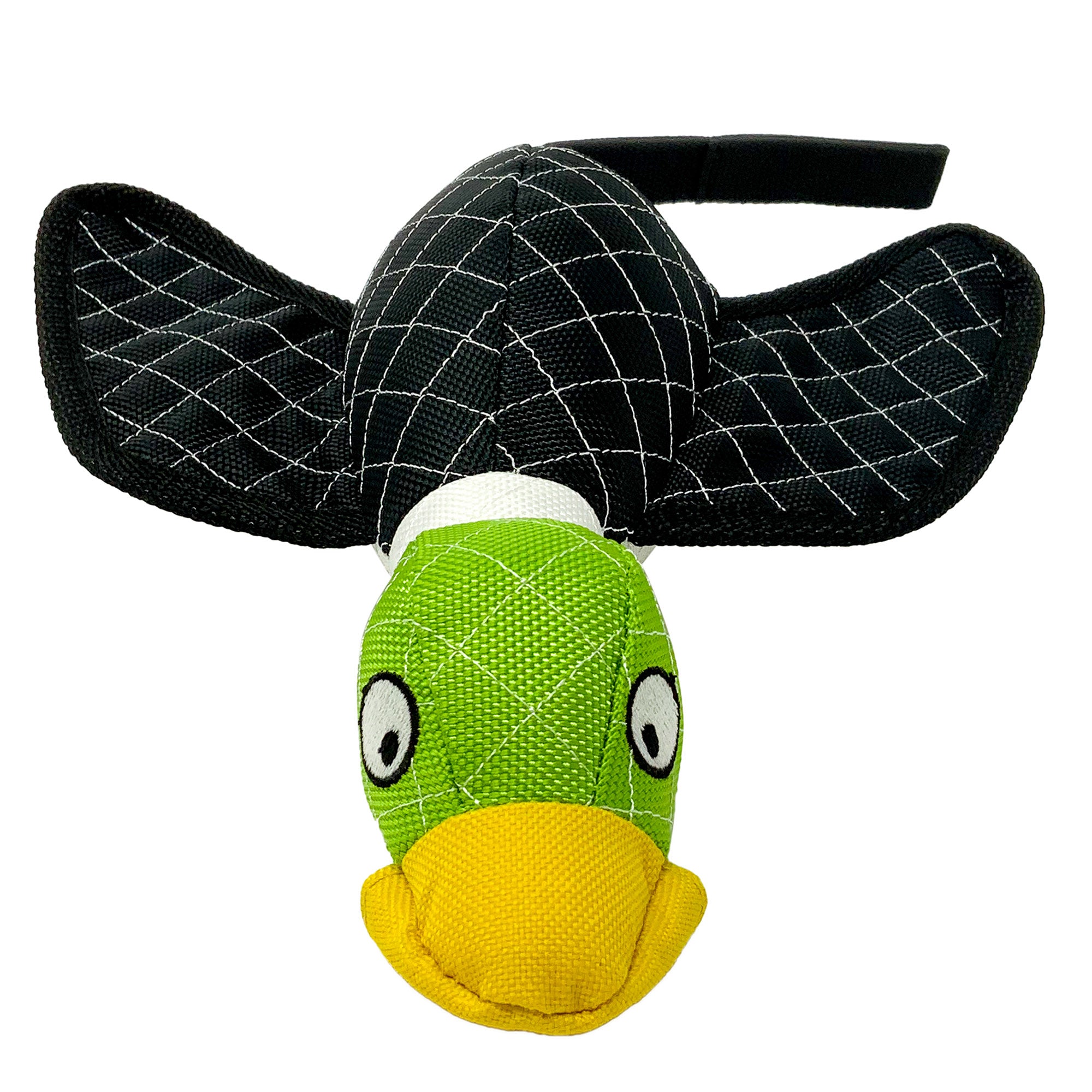 Experience the charm of the Hyperpet Flying Duck Launching Dog Toy. This green and yellow delight has a quilted texture, stitched black wings, wide eyes, and a big orange beak, doubling as a slingshot for endless fetch fun.