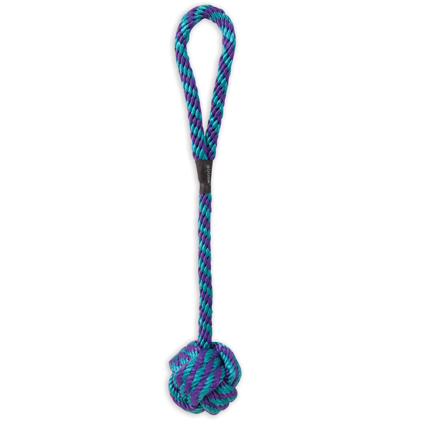 Introducing the Petmate Booda Wing-A-Ball Dog Toy, an interactive toy with a blue and purple twisted rope featuring a loop handle at the top and a large knot at the bottom, ideal for tug-of-war or fetch.