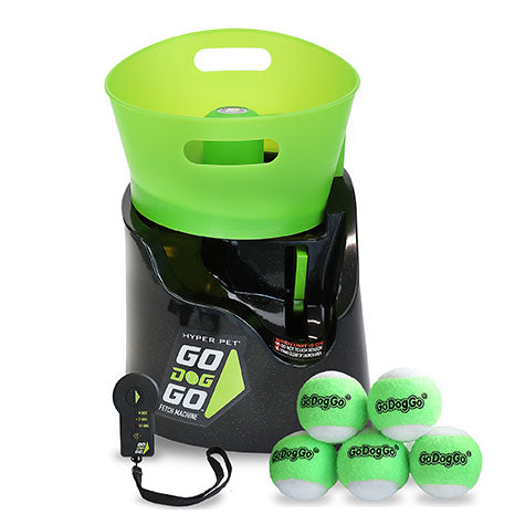 The Hyperpet GoDogGo Fetch Machine Dog Ball Launcher in green and black offers interactive playtime, includes five green tennis balls and a remote control, and features a top handle for easy carrying.