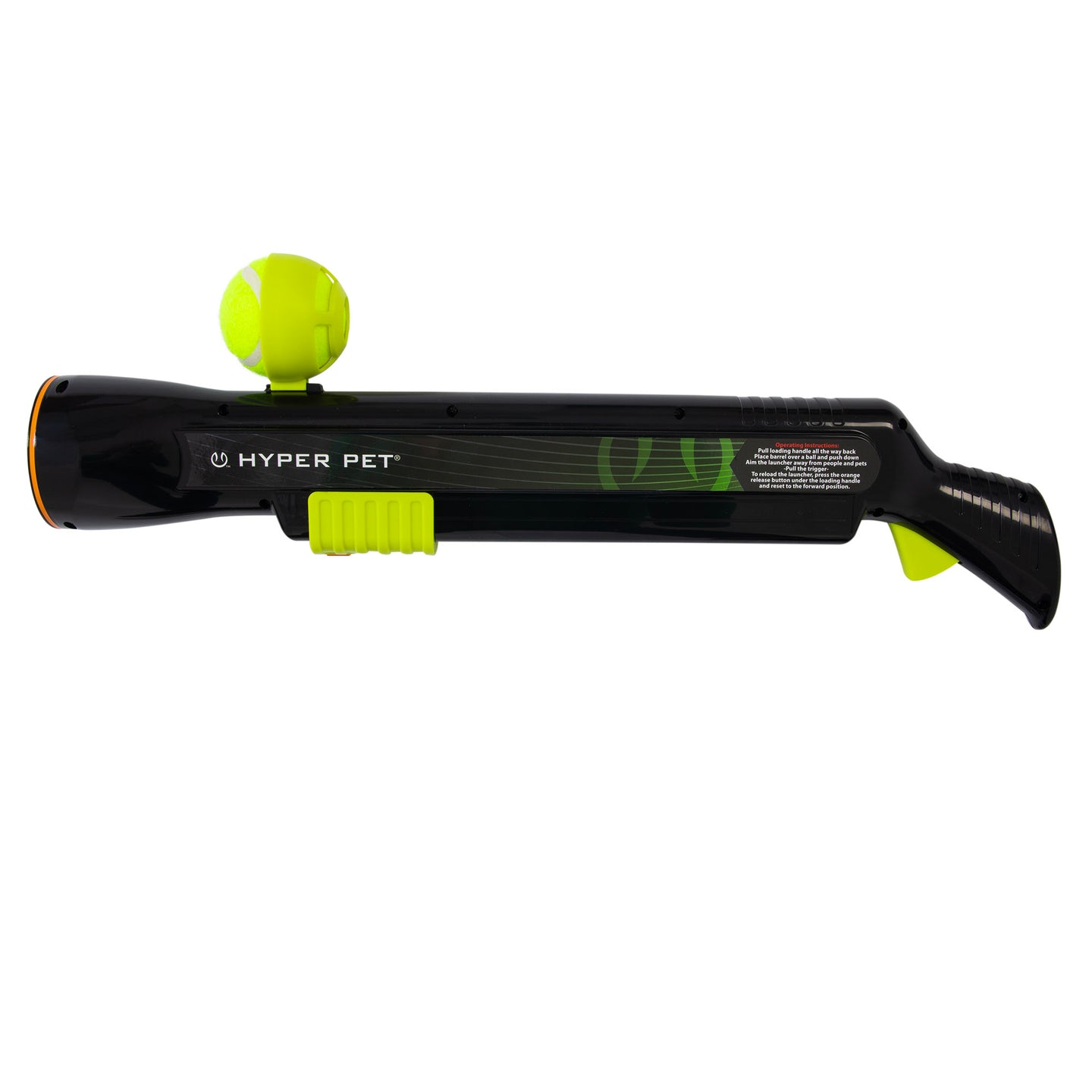 The black and green Hyperpet K9 Kannon Pro Ball Launcher is perfect for interactive fetch. It features a bright green tennis ball, streamlined handle, and easy trigger for endless dog playtime.