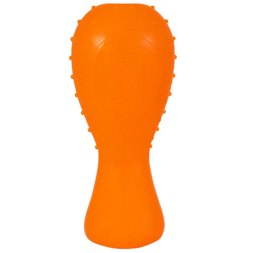 Introducing the Hyper Pet Hyper Bonz Crunch Drumstick by Hyperpet, a durable orange chew toy with a textured, bulbous top and narrow base. Infused with turkey scent, its surface has small raised bumps to satisfy your dogs chewing instincts.