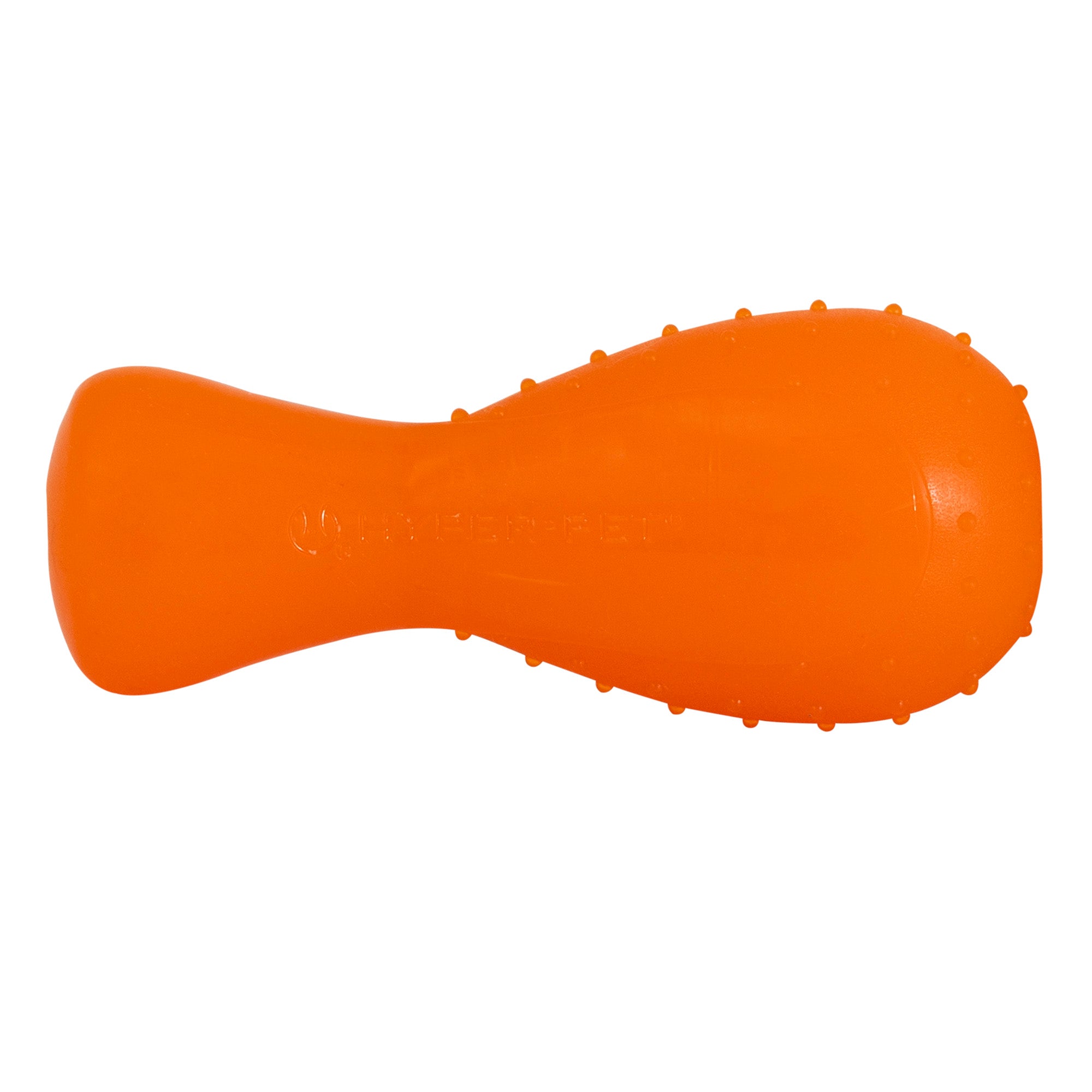 The Hyperpet Hyper Bonz Crunch Drumstick, orange and fish-shaped, has small bumps for texture, a turkey scent, and features a smooth handle with a wider, rounded end resembling a fish tail.