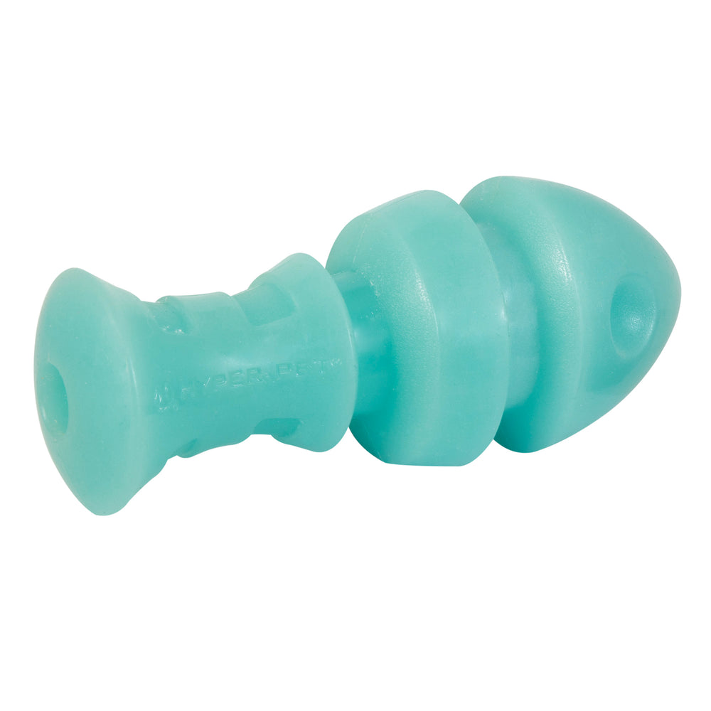 Check out the Hyper Pet Hyper Bonz Glow Treat Fish: a durable dog toy in a blue-green hue with peanut butter grooves and a twist design for an extra-secure grip, providing endless fun for your furry friend.