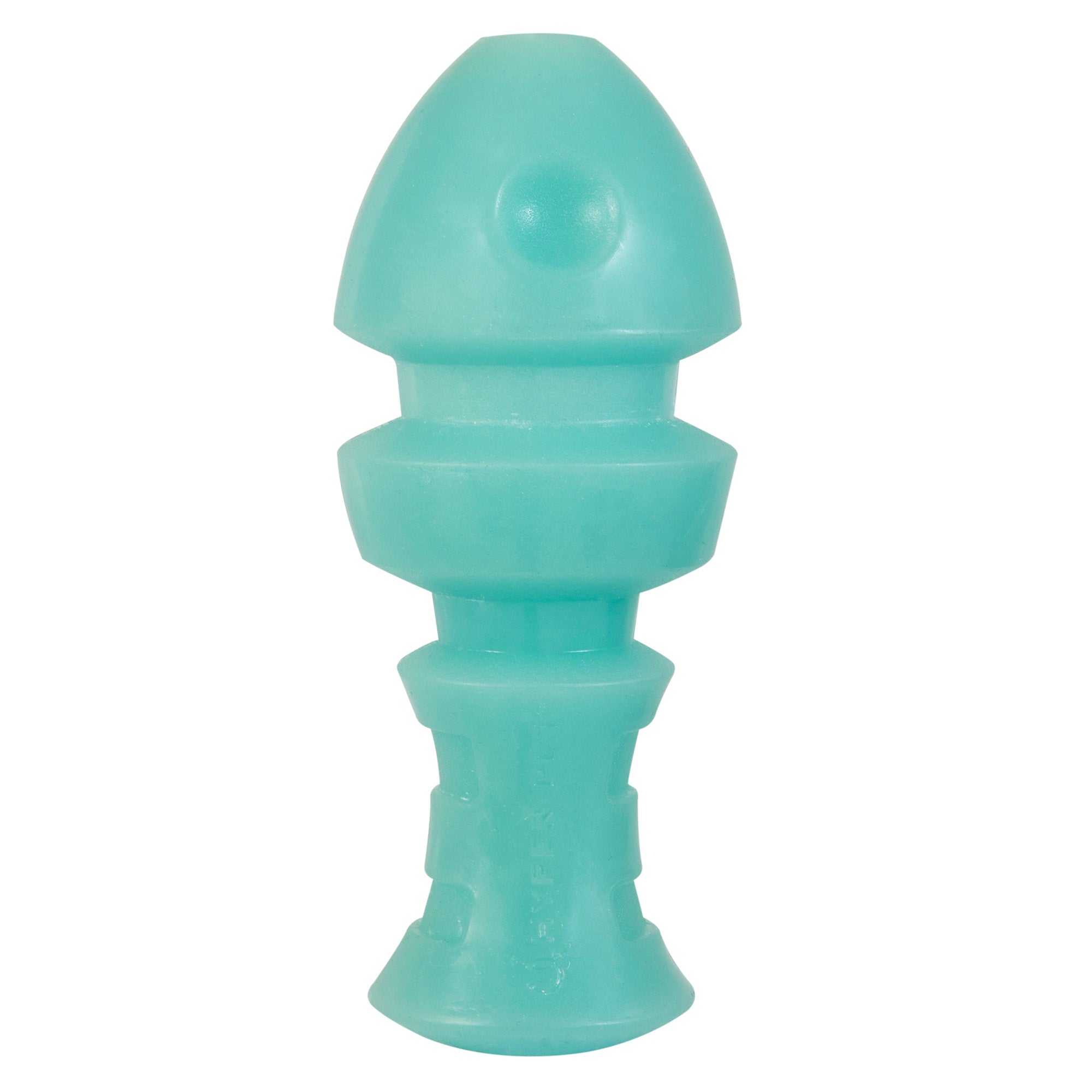 The Hyper Pet Hyper Bonz Glow Treat Fish by Hyperpet is a teal, rocket-shaped dog toy made of durable rubber. Designed with peanut butter grooves for easy gripping and chewing, it stands upright against a white background.