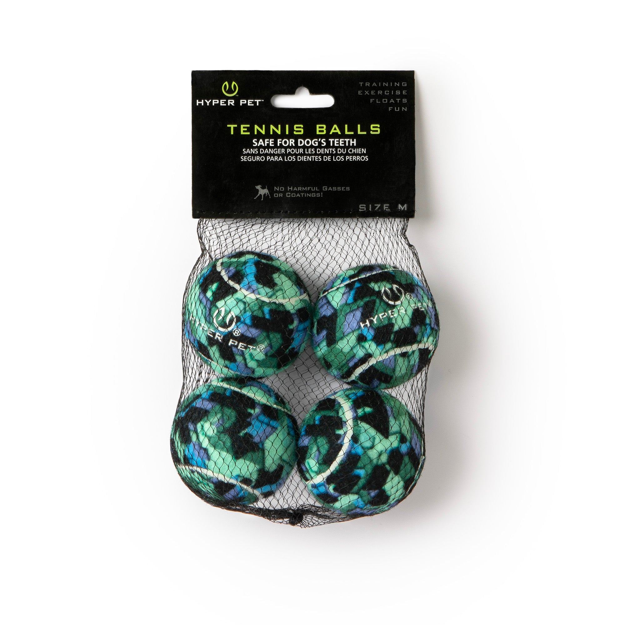 The Hyperpet Camo Tennis Ball 4 Pack includes four blue and green tennis balls designed with professional-grade construction for dogs. Packaged in a black mesh bag thats safe for their teeth, theyre ideal for playing fetch with the K9 Kannon.