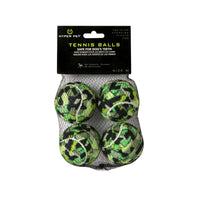 A Hyper Pet Camo Tennis Ball 4 Pack by Hyperpet, featuring green and black balls in a mesh bag. Safe for dogs teeth, these professional-grade M-sized balls are ideal for training, exercise, and use with a K9 Kannon launcher.