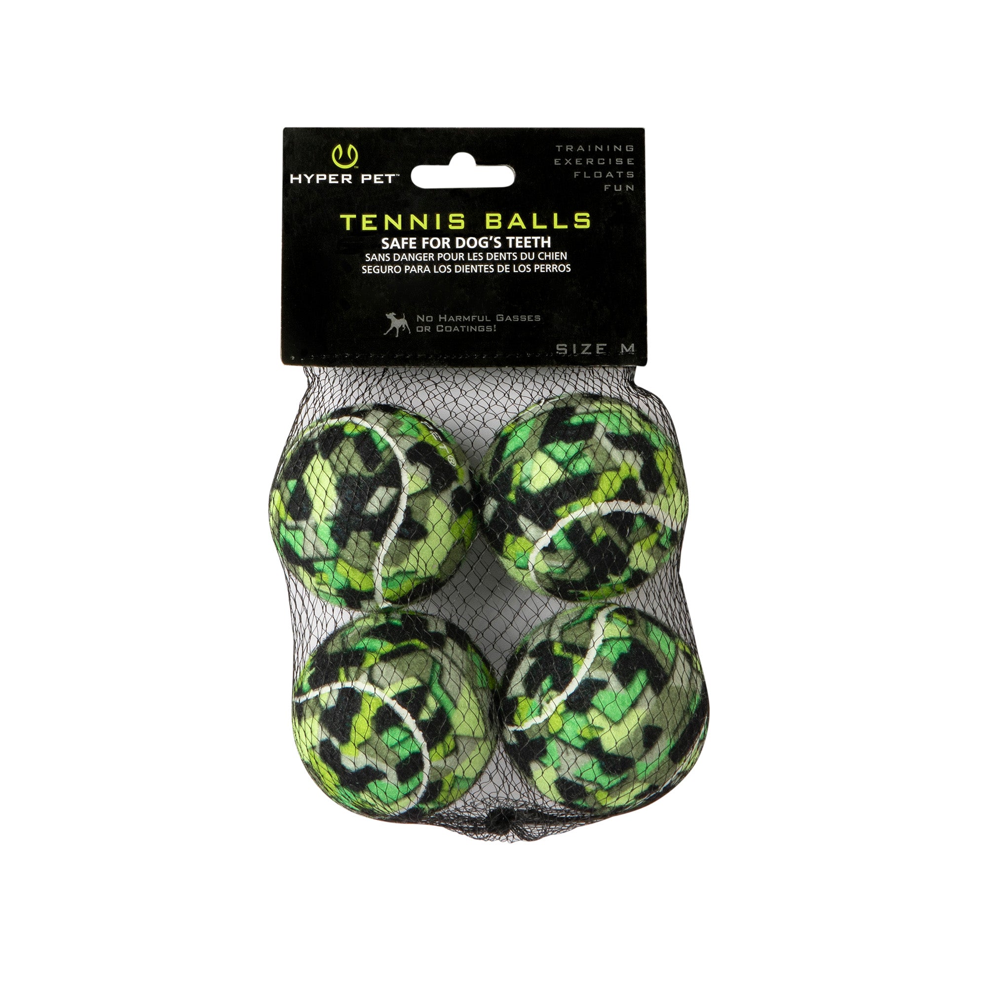 A Hyper Pet Camo Tennis Ball 4 Pack by Hyperpet, featuring green and black balls in a mesh bag. Safe for dogs teeth, these professional-grade M-sized balls are ideal for training, exercise, and use with a K9 Kannon launcher.