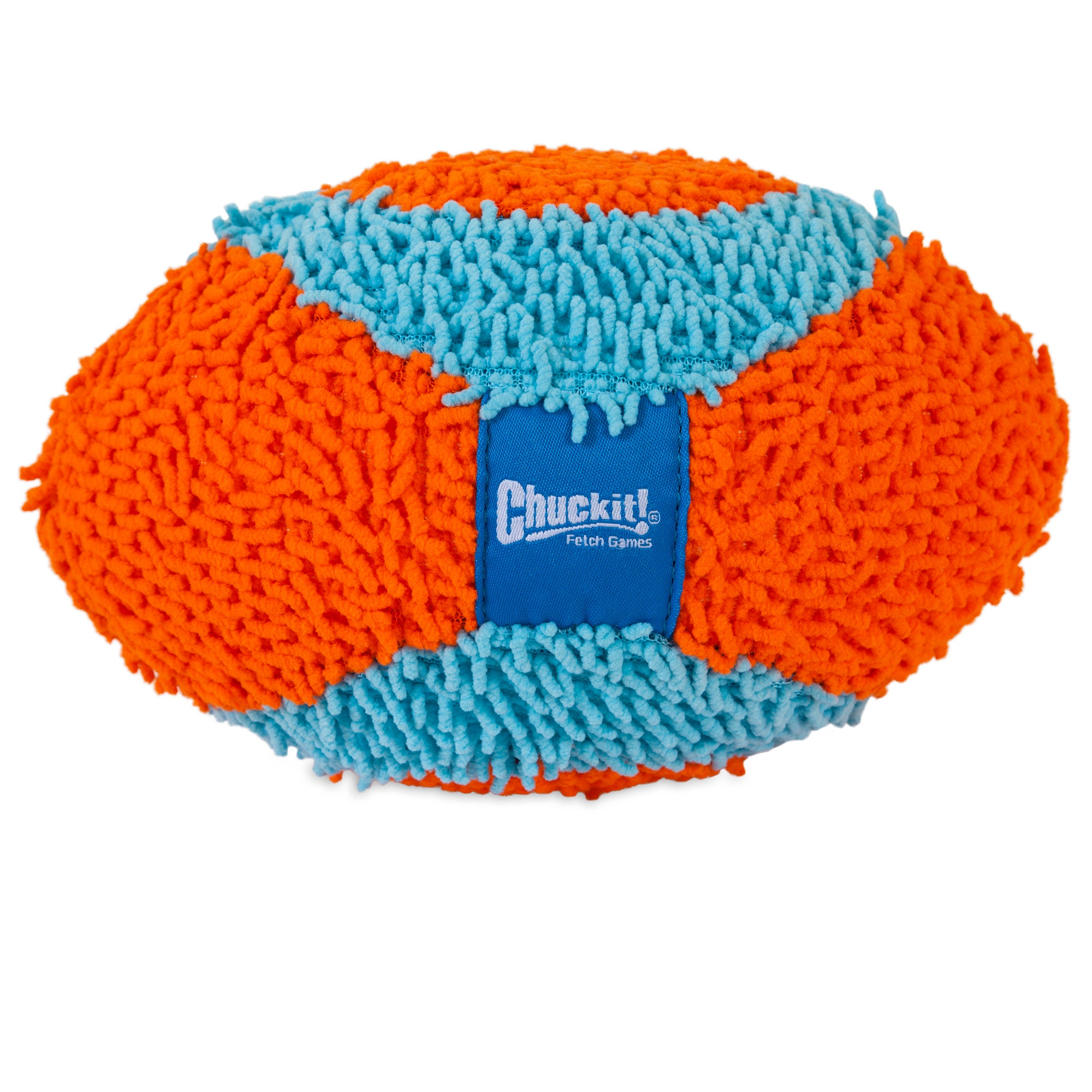 The Chuckit! Indoor Fumbler is a textured dog toy in orange and blue, football-shaped for fetch games. It bears the Chuckit! Fetch Games logo at the center, ensuring endless indoor fun for your furry friend.