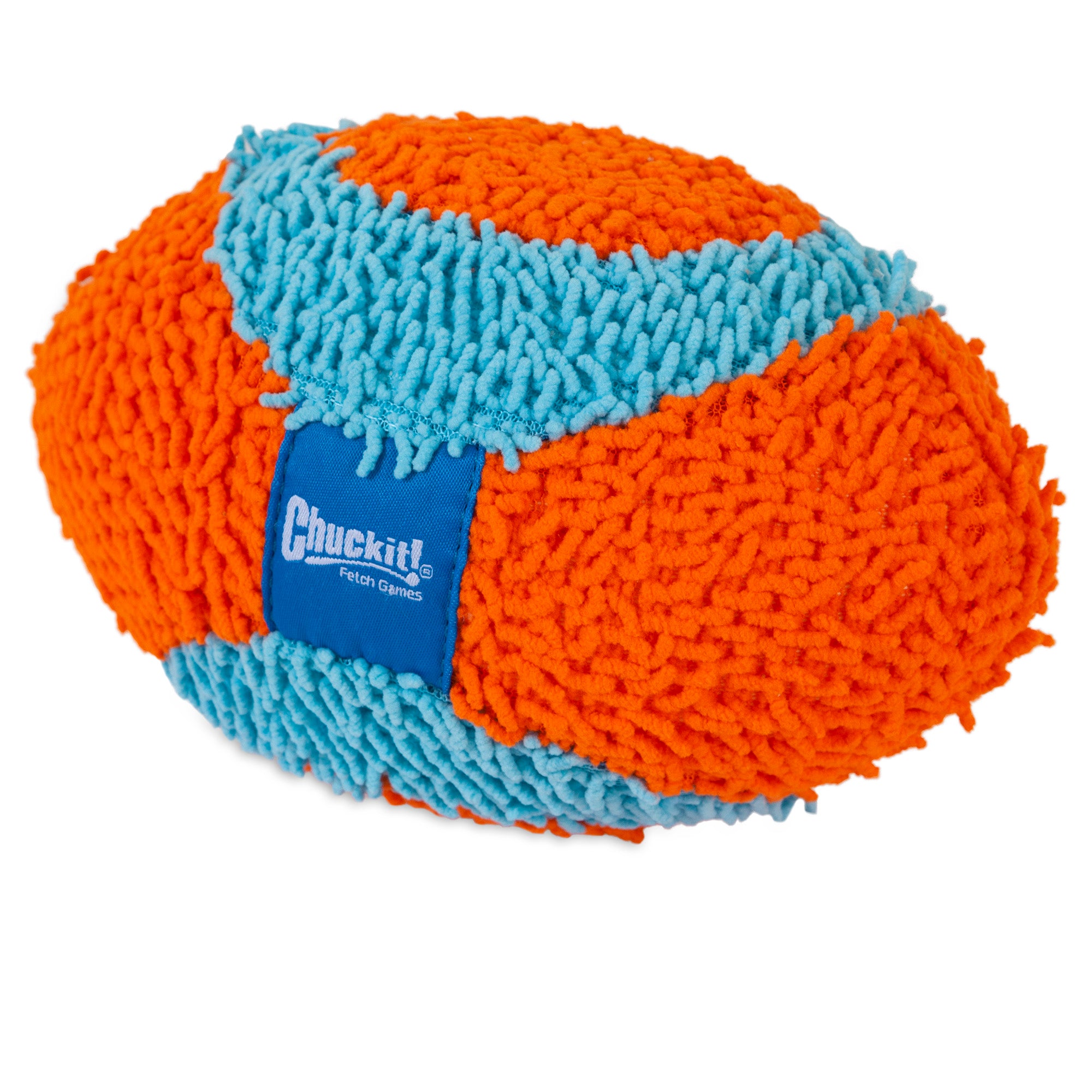 The Chuckit! Indoor Fumbler is a textured, plush dog toy shaped like an American football in bright orange and blue, perfect for indoor fetch. The Chuckit! logo adorns the center on a blue patch, adding style to playtime.