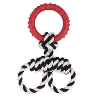 The Dogzilla Rope N Ring Tug features a red rubber ring linked to a black and white twisted rope with dual loops at the bottom, creating an infinity symbol. Knotted near the top, this toy is ideal for tug-of-war and promotes dental health during playtime.