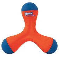 The Chuckit! Amphibious Tri-Bumper Fetch Toy, in orange and blue, is a perfect choice for fetch with its three arms featuring round blue ends. Its textured fabric ensures a secure grip, making it ideal for toss games and water adventures with your dog.