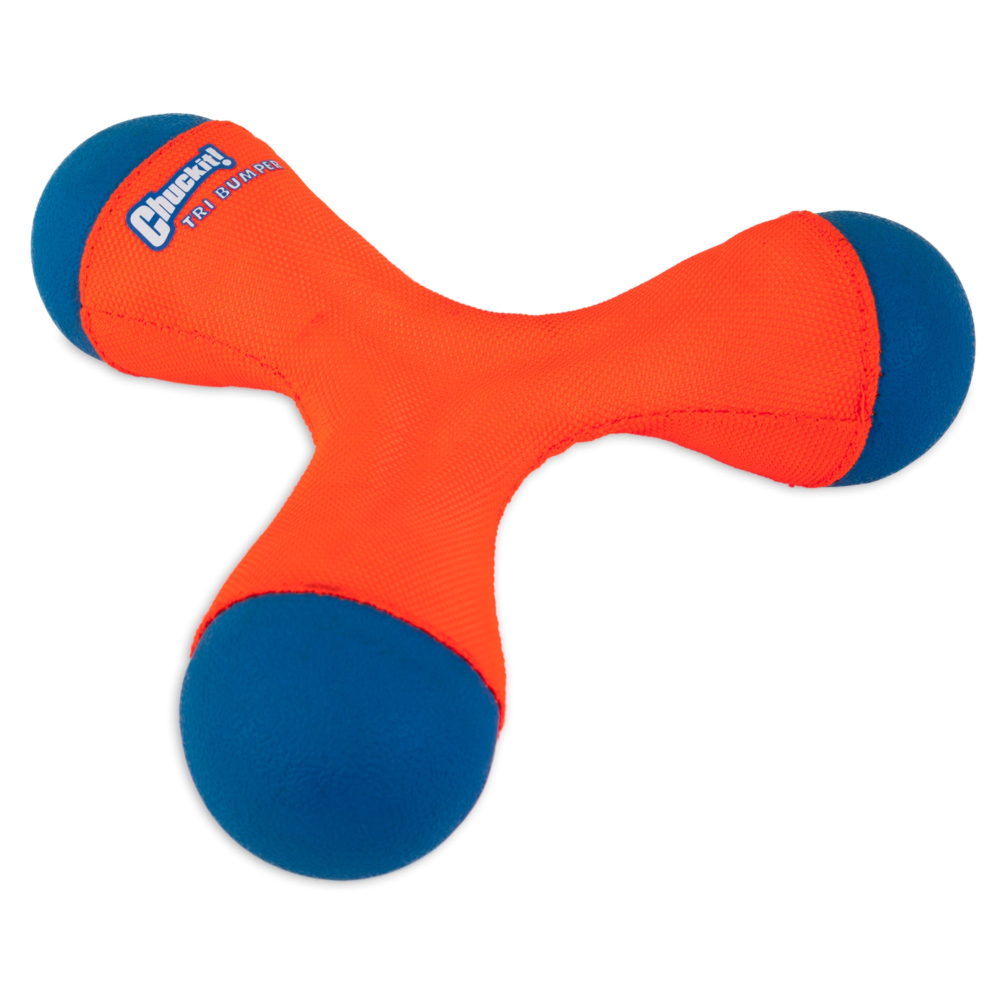 The Chuckit! Amphibious Tri-Bumper Fetch Toy by Chuckit is a durable dog toy with a bright orange, fabric-covered, X-shaped body and blue rounded ends, ideal for land and water play.