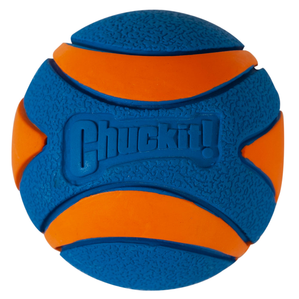 The Chuckit! Ultra Squeaker Ball by Chuckit is made from durable blue and orange rubber with textured panels and smooth stripes, offering easy visibility. Its buoyant design makes it perfect for water play.