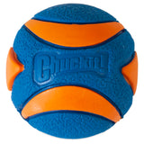 The Chuckit! Fetch Medley 2 balls by Chuckit are crafted from natural rubber, featuring a textured blue and orange design with intersecting orange bands on the blue surface. This durable dog toy ensures endless fun and displays the iconic Chuckit logo.