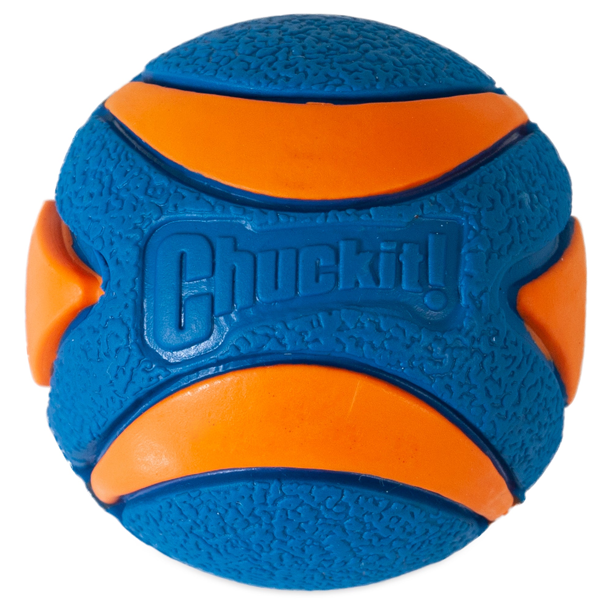 The Chuckit! Fetch Medley 2 balls by Chuckit are crafted from natural rubber, featuring a textured blue and orange design with intersecting orange bands on the blue surface. This durable dog toy ensures endless fun and displays the iconic Chuckit logo.