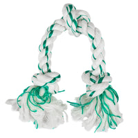 The Petmate Booda Fresh N Floss Spearmint 3-Knot Rope Dog Toy is a durable white and green twisted rope with tassels, ideal for tug-of-war. It promotes plaque control while being perfect for chewing and playing.