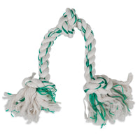 The Petmate Booda Fresh N Floss Spearmint 3-Knot Rope Dog Toy is a twisted white tug-of-war rope with green accents and frayed ends, designed to resemble a dog chew toy.