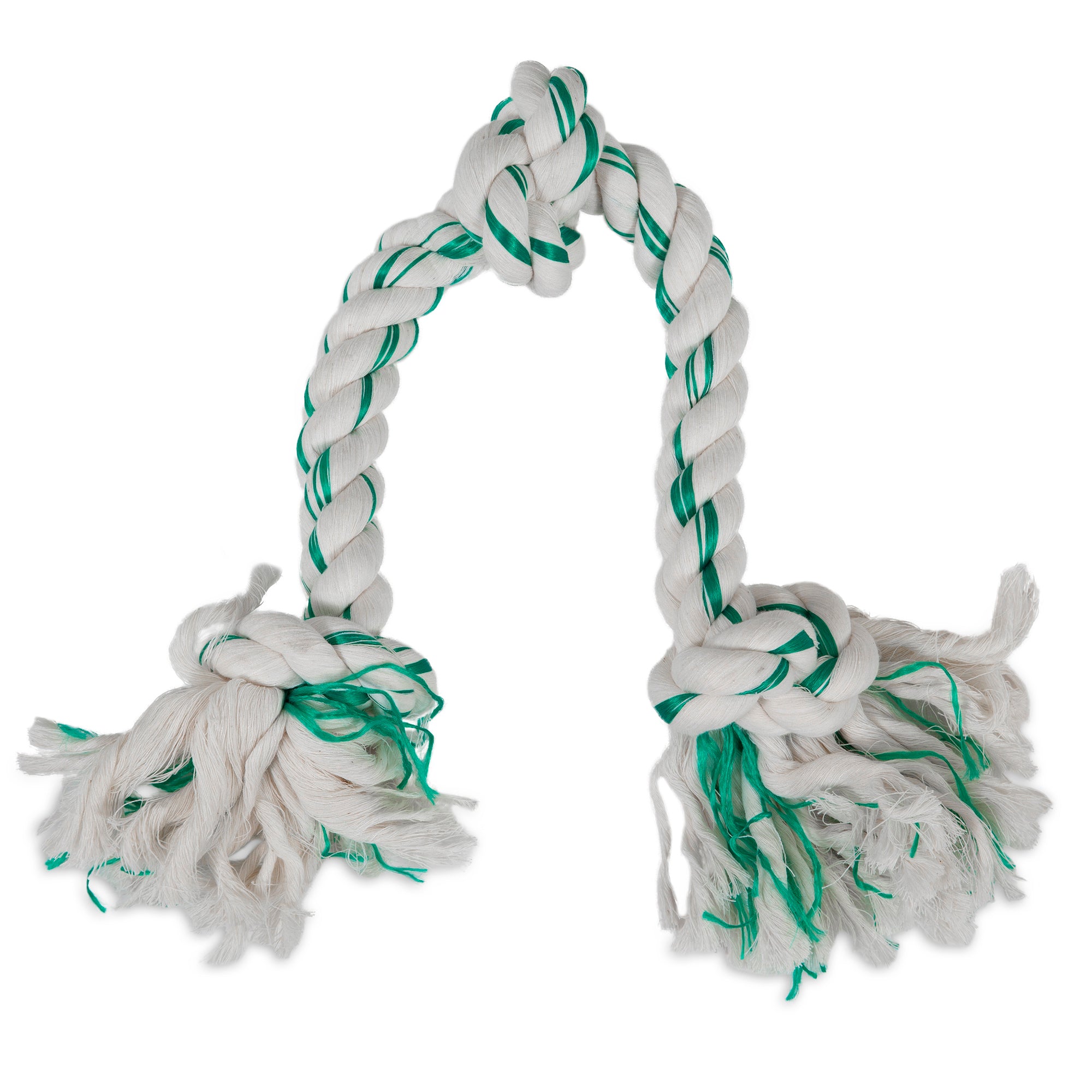The Petmate Booda Fresh N Floss Spearmint 3-Knot Rope Dog Toy is a twisted white tug-of-war rope with green accents and frayed ends, designed to resemble a dog chew toy.