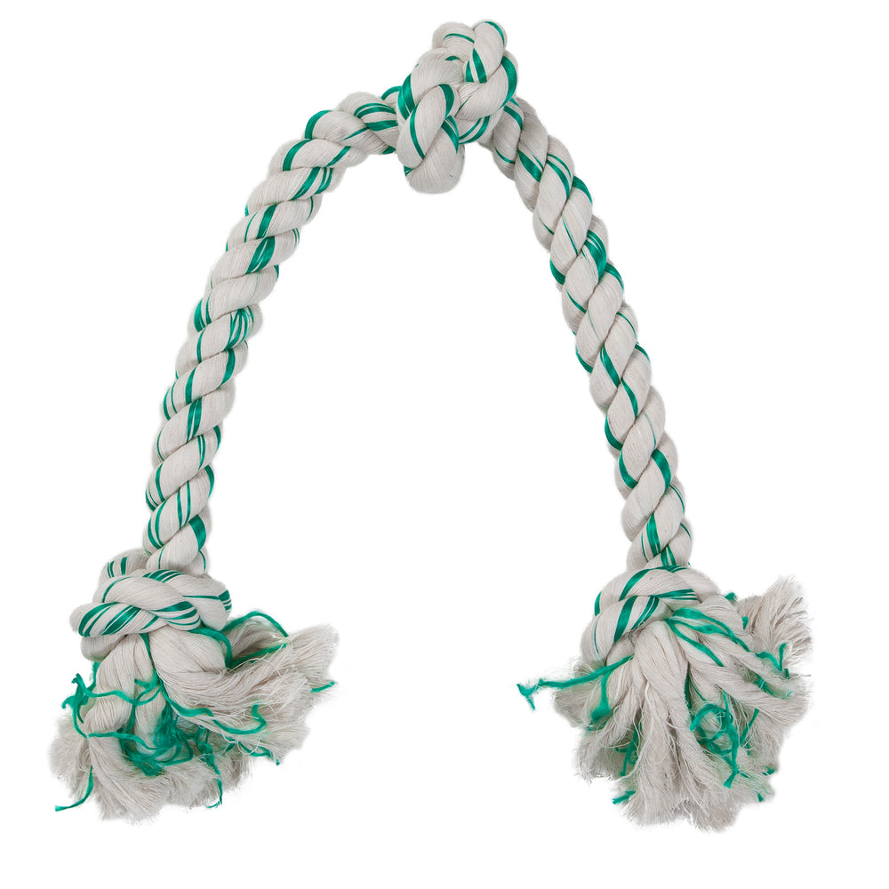 The Petmate Booda Fresh N Floss Spearmint 3-Knot Rope Dog Toy from Petmate, designed for plaque control, features white and green braids with frayed ends and a knot at the top, set against a white background.