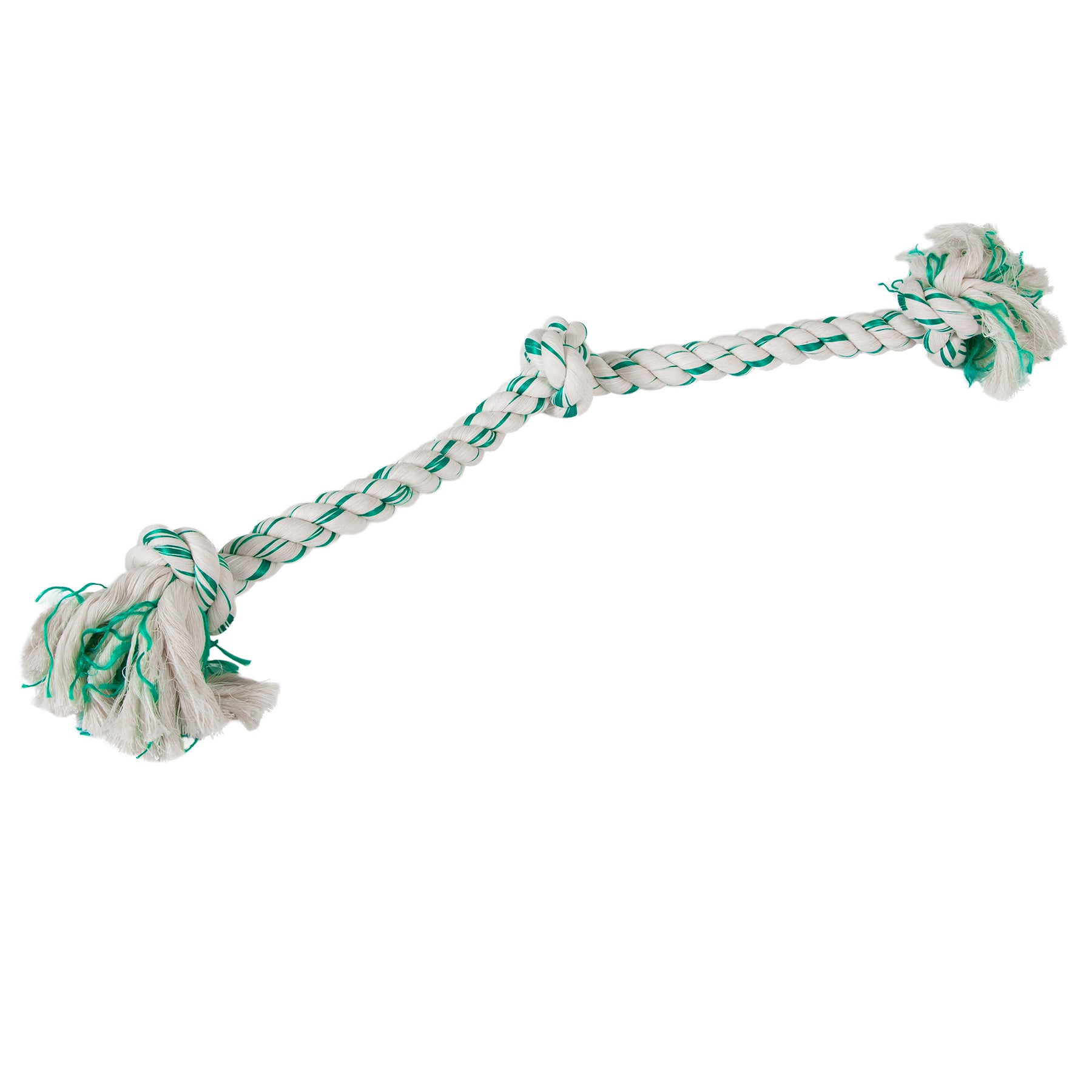 The Petmate Booda Fresh N Floss Spearmint 3-Knot Rope Dog Toy, a twisted white and green rope designed for tug-of-war, features knots at both ends and a middle one, ideal for plaque control while your pup plays.