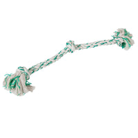 The Petmate Booda Fresh N Floss Spearmint 3-Knot Rope Dog Toy, a twisted white and green rope designed for tug-of-war, features knots at both ends and a middle one, ideal for plaque control while your pup plays.