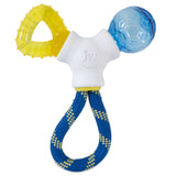 The JW Puppy Connects Teething Chew Toy by Jw features a blue and yellow knotted rope handle, a durable teething ring with knobs, and a blue textured ball, offering varied materials for stimulating play.