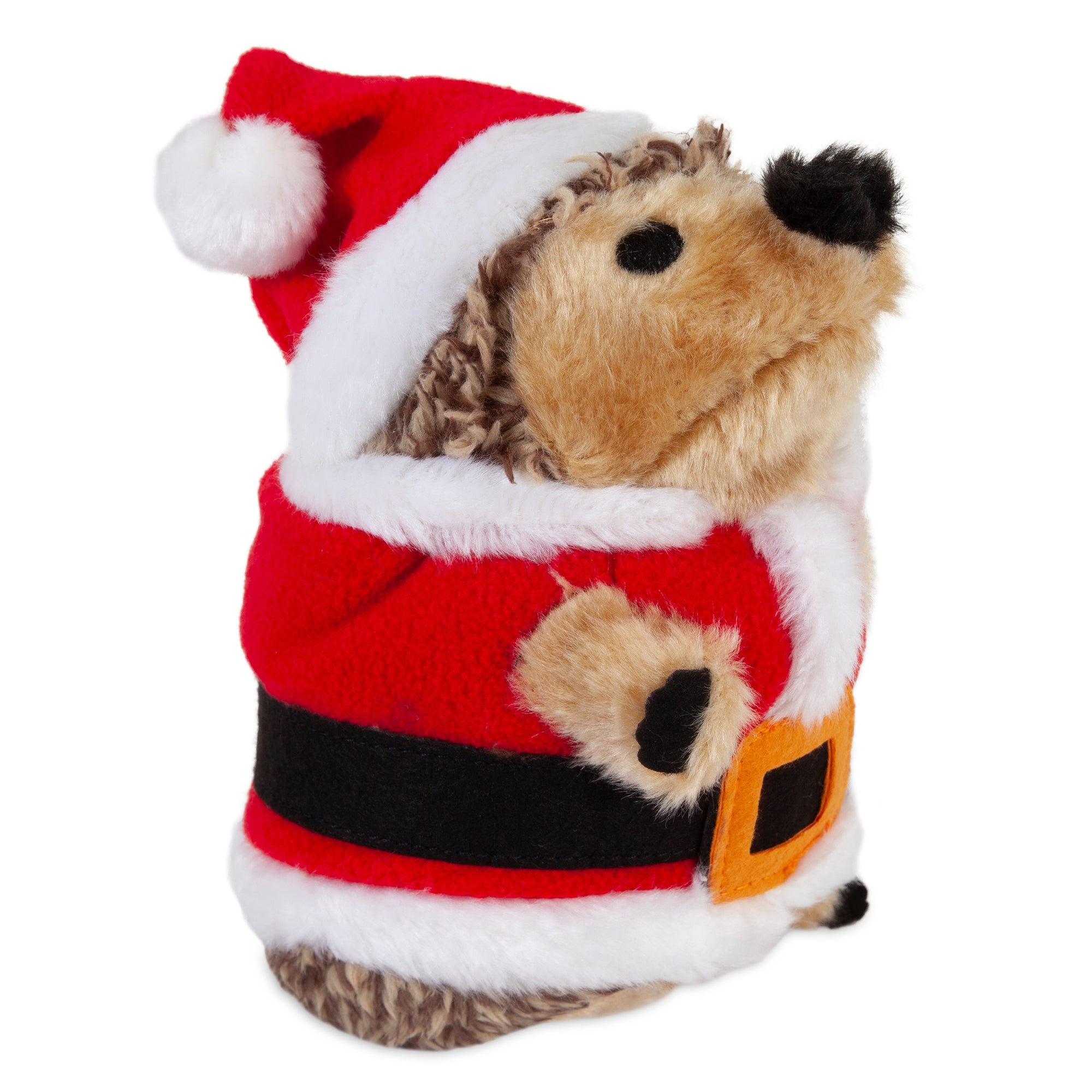 The Zoobilee Santa Holiday Heggie Dog Toy, a hedgehog-shaped plush featuring a red Santa hat and coat with white trim, black belt, and yellow buckle, is perfect for festive canine collections. It stands upright with its face turned slightly to the right.