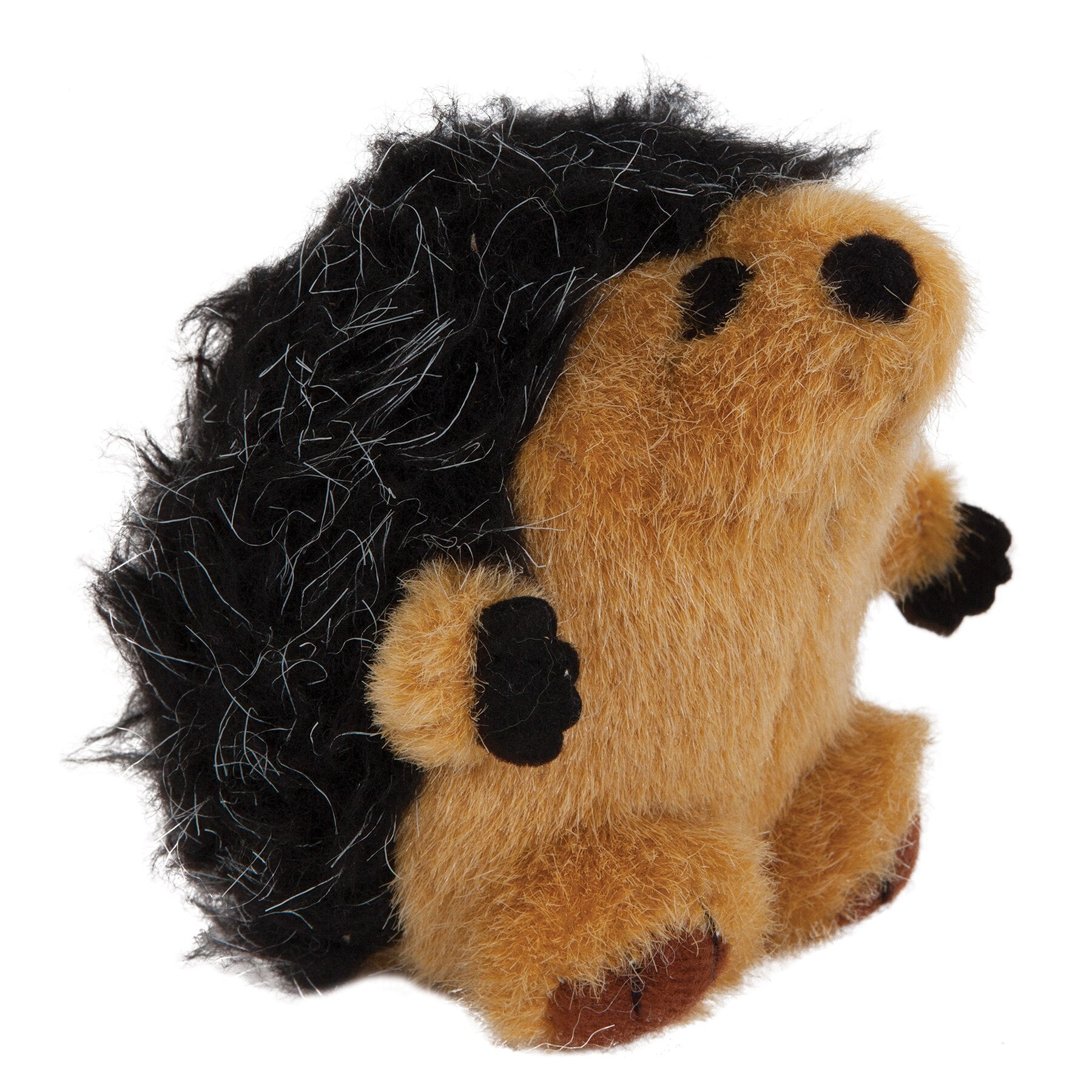 The Zoobilee Hedgehog Squatters Plush Dog Toy by Zoobilee resembles a hedgehog with a fluffy black back and brown body, simple black eyes and nose, small plush feet and hands. It includes a squeaker for added fun, making it perfect for your pet!.