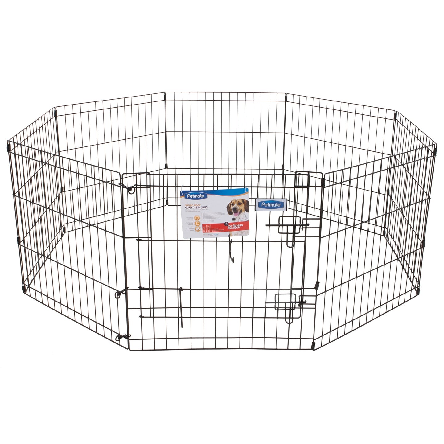The Petmate Single Door Exercise Pen by Petmate is a portable black metal pen with durable wire, featuring eight panels in an octagonal shape. It includes two secure latches on the gate and has a label showcasing a small dog along with product details.
