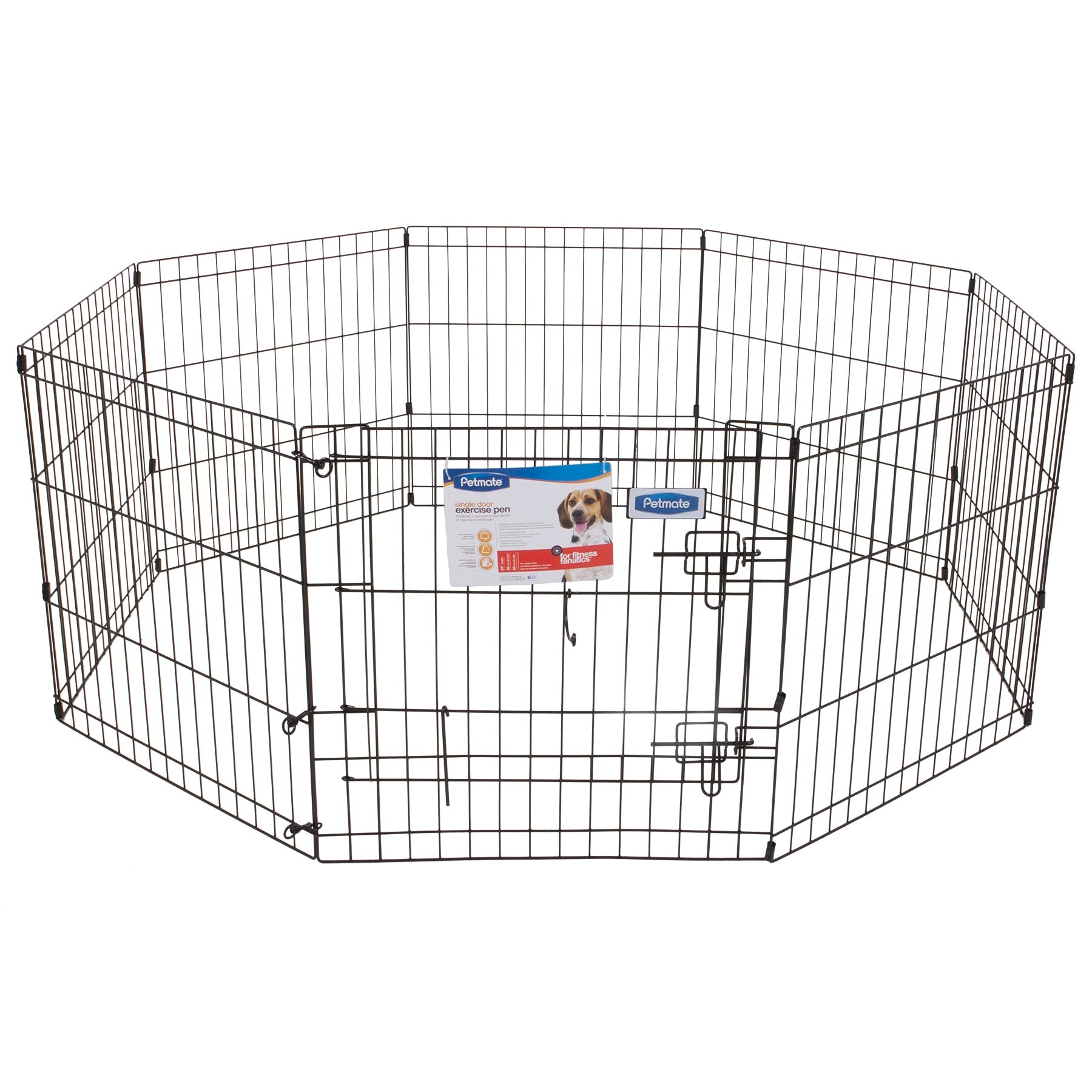 The Petmate Single Door Exercise Pen by Petmate is a portable black metal pen with durable wire, featuring eight panels in an octagonal shape. It includes two secure latches on the gate and has a label showcasing a small dog along with product details.