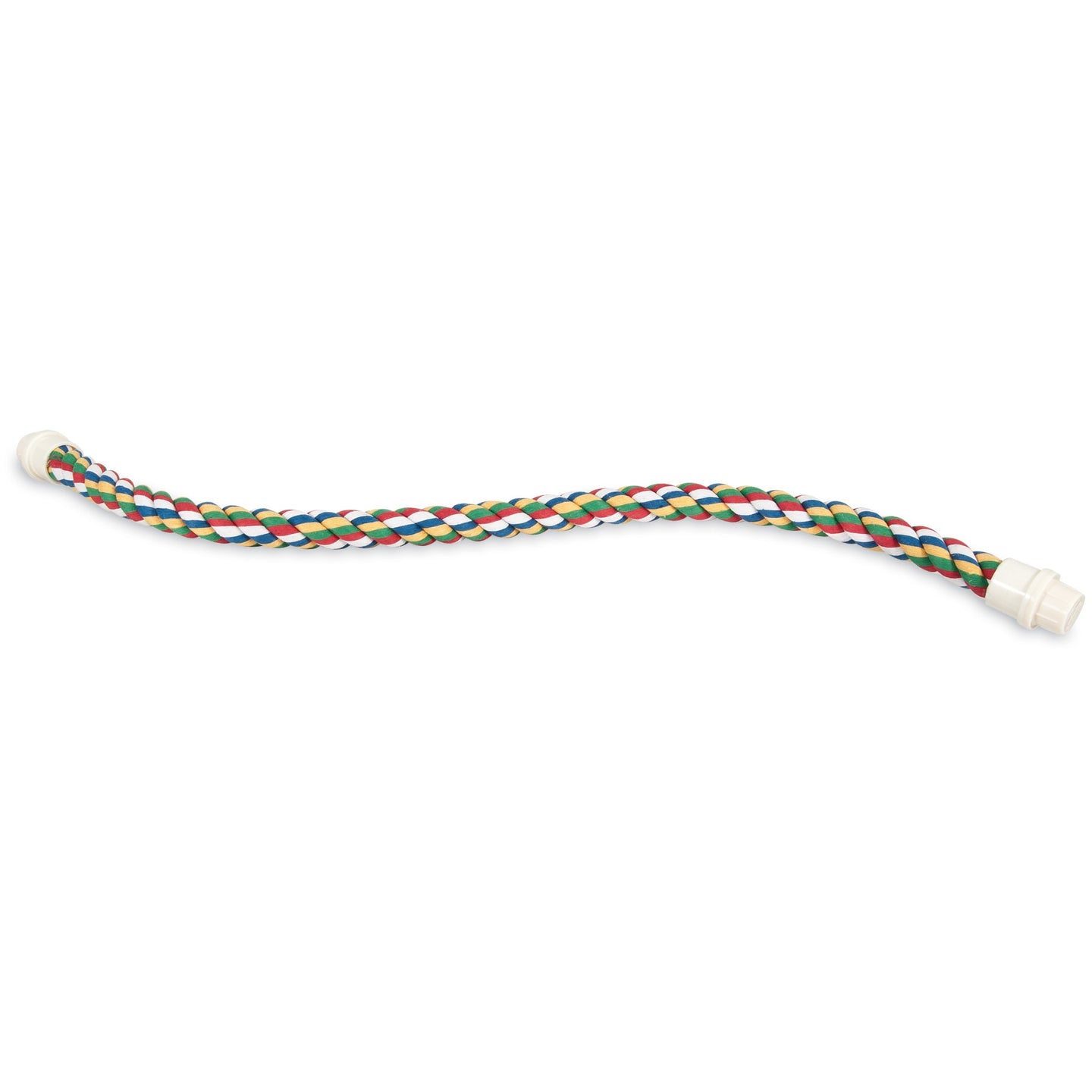 A versatile JW Pet Comfy Bird Perch, resembling a lively multi-colored rope with red, green, and white strands coiled on a plain white background, boasts connectors at both ends for functionality and visual appeal.