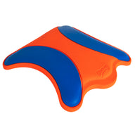 The Chuckit! Ultra Flying Squirrel Outdoor Dog Fetch Toy is a triangular orange boomerang with three rounded corners, made from durable rubber, featuring blue curved sections on each side and a textured surface.