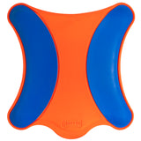 The Chuckit! Ultra Flying Squirrel Outdoor Dog Fetch Toy by Chuckit is a durable orange and blue rubber toy with an hourglass shape, designed for grip. It has curved blue panels that contrast strikingly with the bright orange base.
