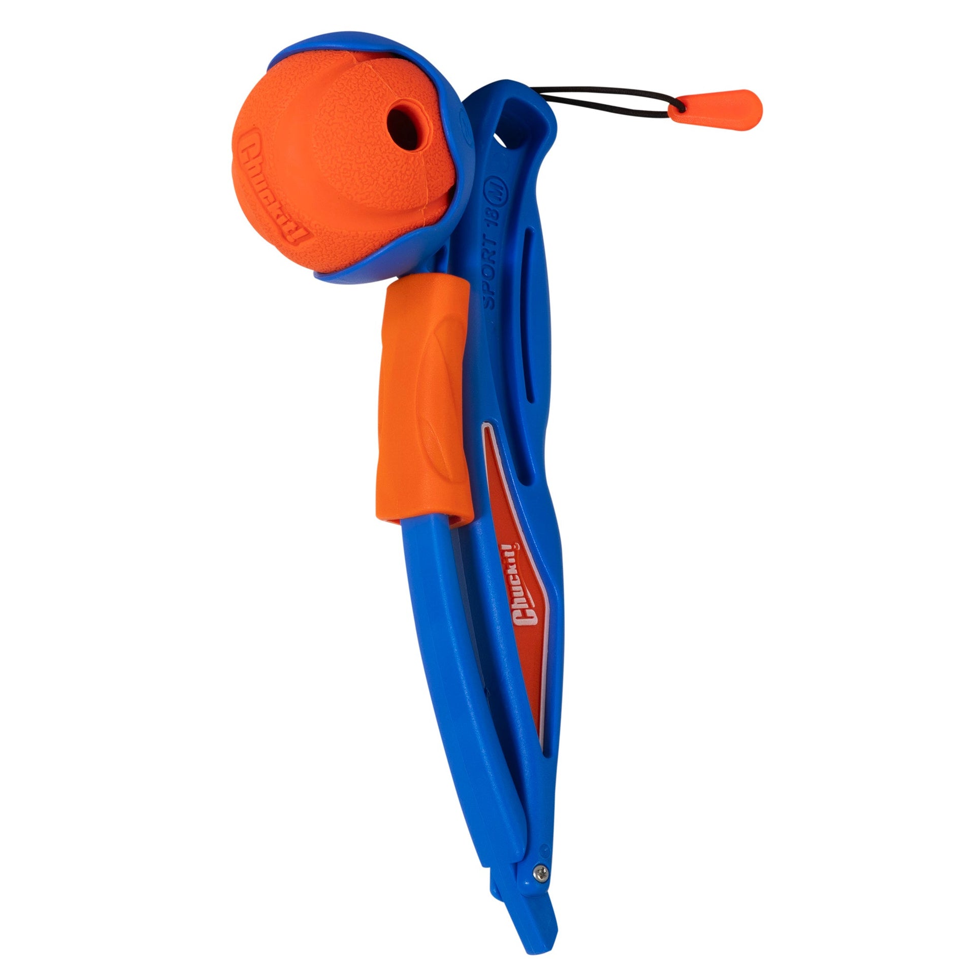 Meet the Chuckit! Fetch & Fold Mini 18M Launcher in vibrant blue and orange. Featuring an ergonomic handle and hanging loop, it includes a rubber fetch ball at the end, making it ideal for endless fun with your furry friend. From Chuckit.