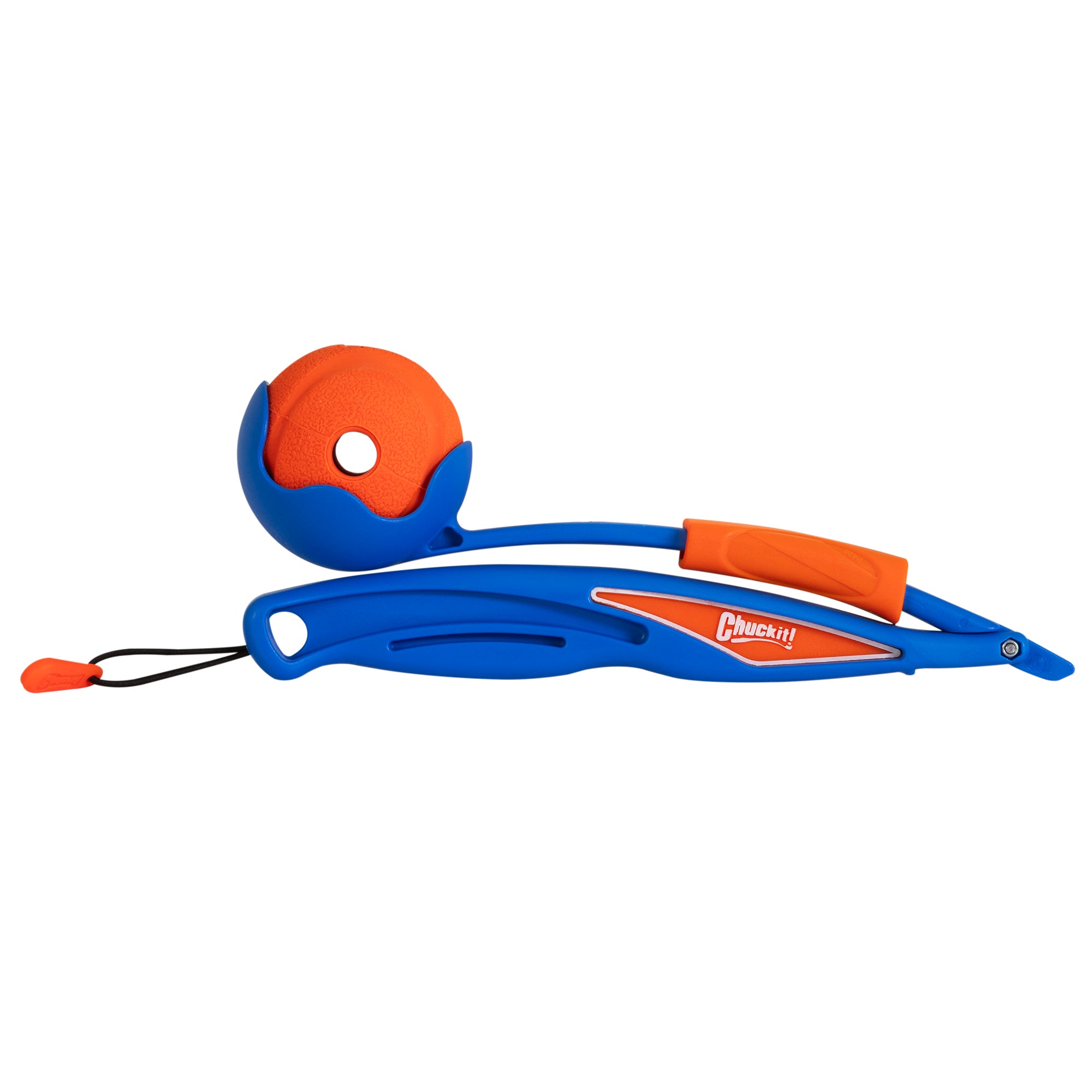 The Chuckit Fetch & Fold Mini 18M Launcher by Chuckit includes a rubber grip and an orange tennis ball holder. It features a flexible, curved handle with an end loop for easy throwing, ideal for fetch sessions.